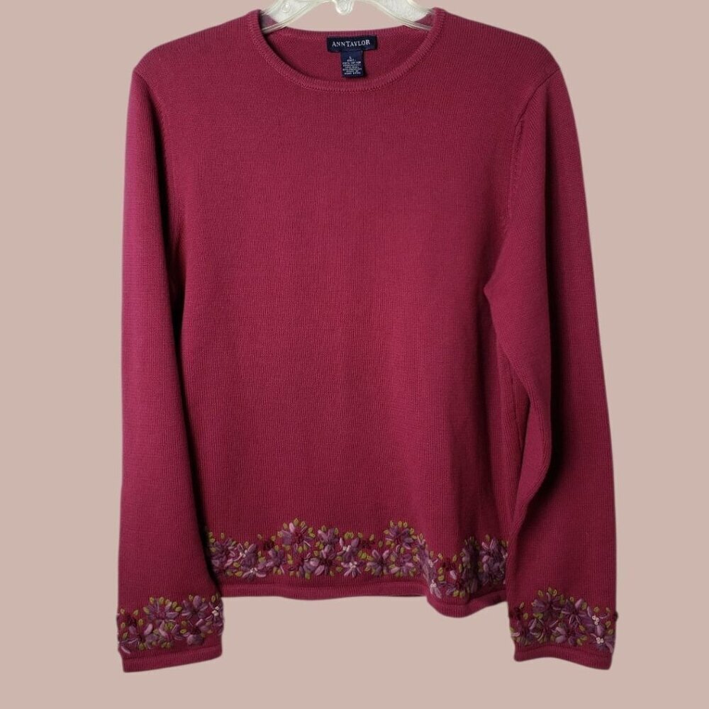 Ann Taylor Womens Embroidered Floral Knit Sweater fuschia Large